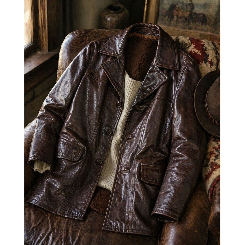 True vintage Leather Ranch Coat Sherpa Lined Western Car Coat Brown 70s USA - Picture 8 of 8